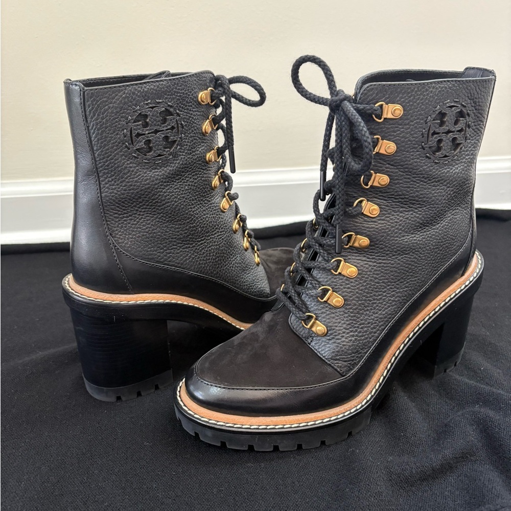Tory Burch Miller Mixed-Materials Lug Sole Black Leather Women's Boots, Size 8